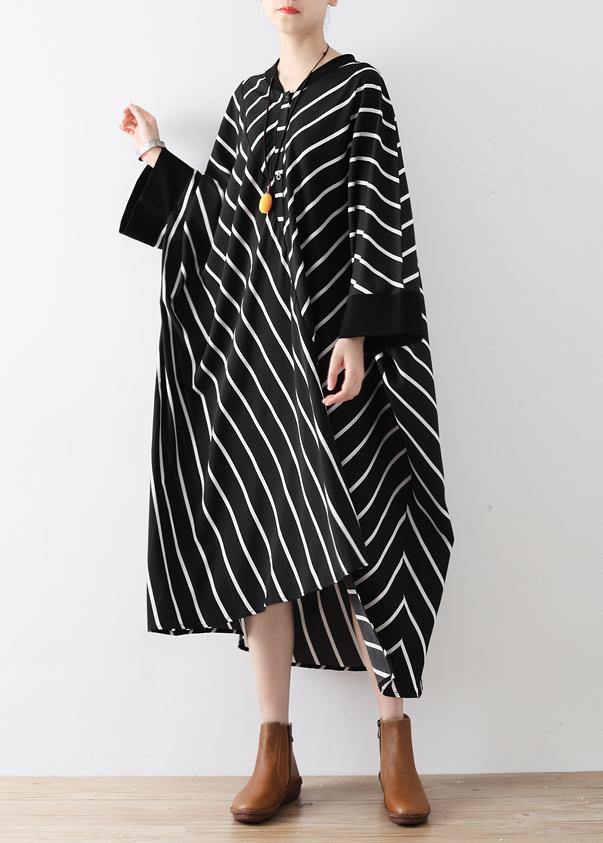 Natural Black Striped Tunics for V Neck Asymmetric Loose Dress