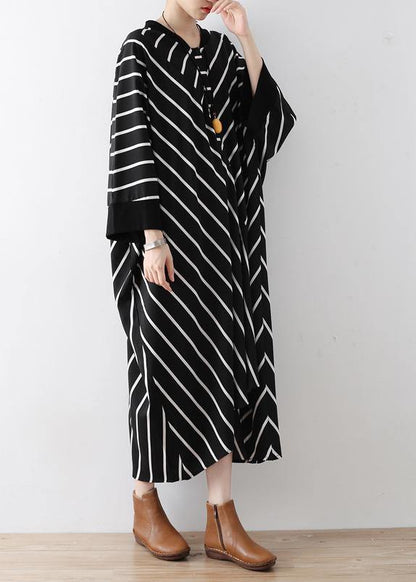 Natural Black Striped Tunics for V Neck Asymmetric Loose Dress