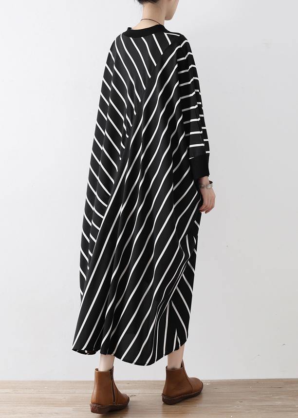 Natural Black Striped Tunics for V Neck Asymmetric Loose Dress