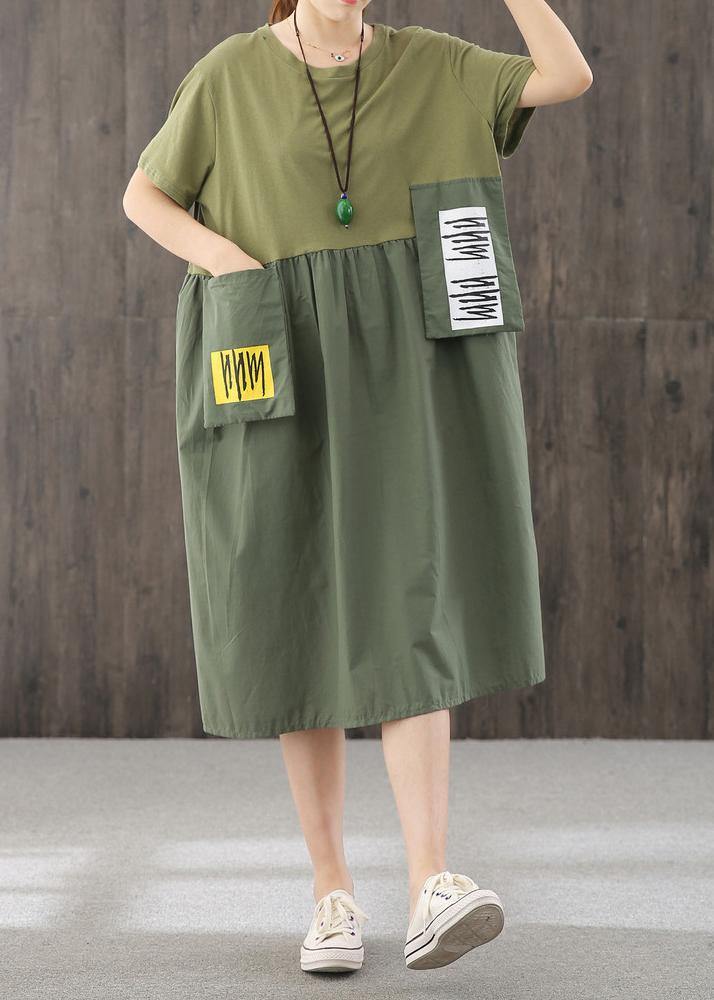 Natural Blackish Green Dress O Neck Patchwork Dress