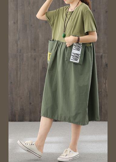 Natural Blackish Green Dress O Neck Patchwork Dress
