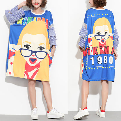 Natural Blue Cotton Clothes Dress O Neck Patchwork Daily Summer Dresses