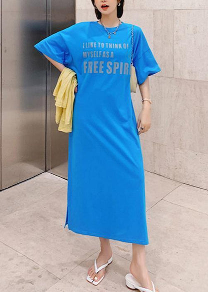 Natural Blue Letter Clothes O Neck Side Open Long Dress