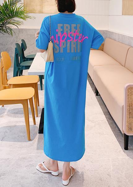 Natural Blue Letter Clothes O Neck Side Open Long Dress