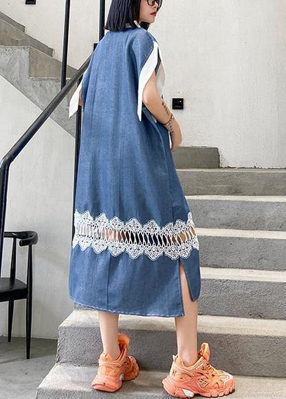 Natural Blue Cotton Wardrobes Lapel Patchwork Lace Maxi Dresses