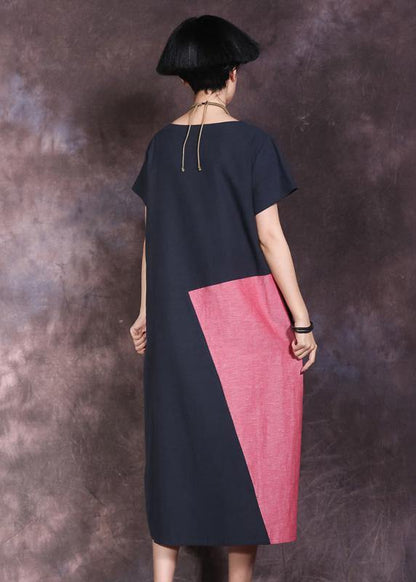 Natural Blue O Neck Linen Outfit Patchwork Color Maxi Summer Dresses