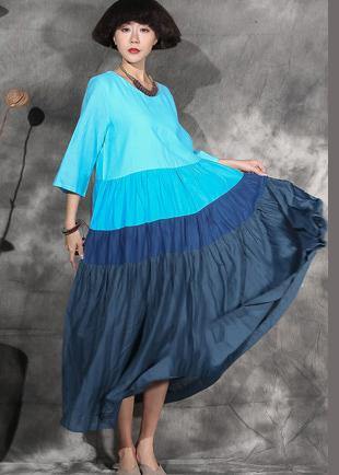 Natural Blue Patchwork Cotton Linen Clothes Big Hem Clothing Summer Dresses