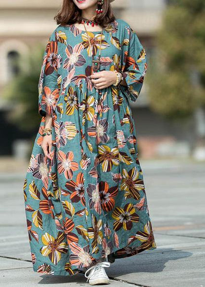 Natural Blue Print Cotton Dresses O Neck Cinched Loose Summer Dress