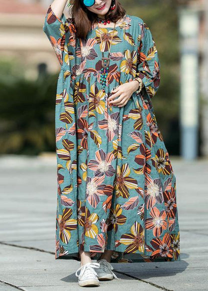 Natural Blue Print Cotton Dresses O Neck Cinched Loose Summer Dress