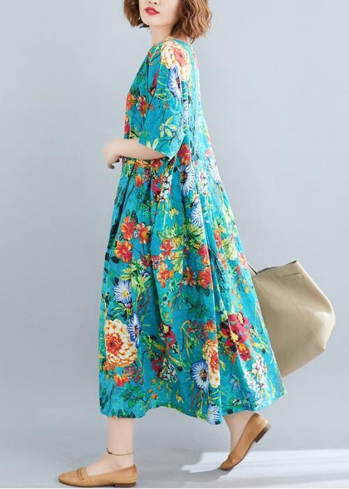 Natural Blue Print Dresses O Neck Cinched Robes Summer Dress