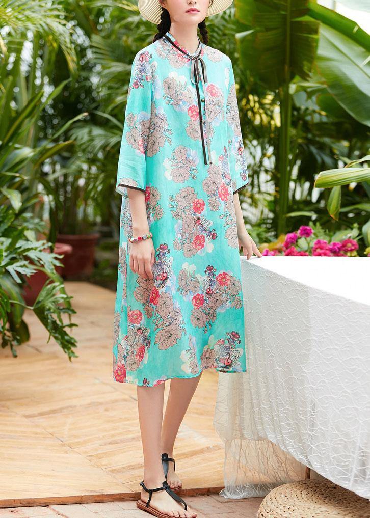 Natural Blue Print Linen Long Shirts Stand Collar Patchwork Baggy Summer Dress