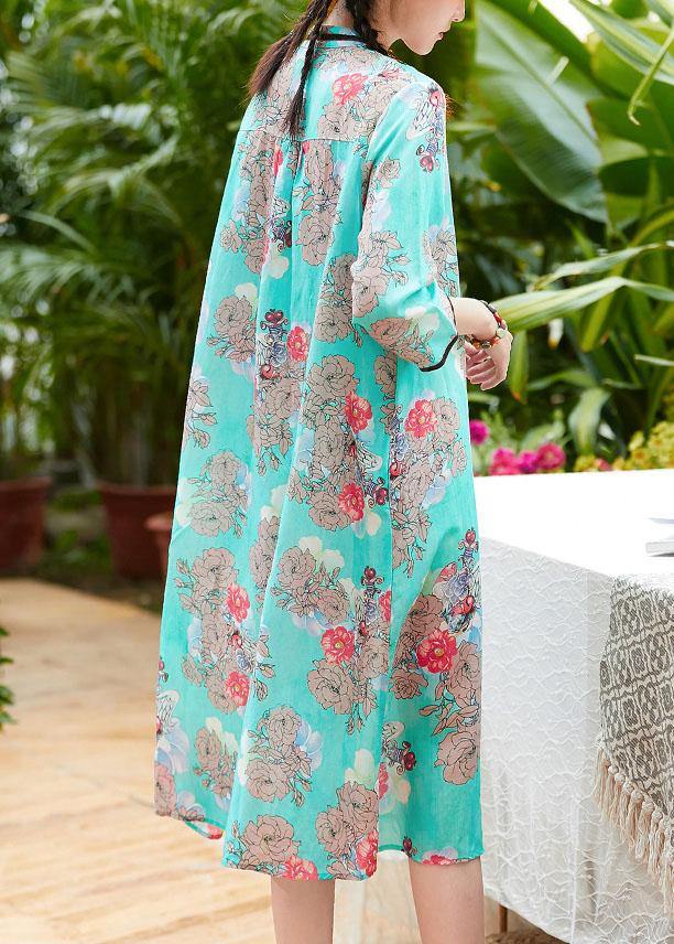 Natural Blue Print Linen Long Shirts Stand Collar Patchwork Baggy Summer Dress