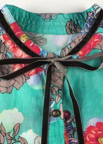 Natural Blue Print Linen Long Shirts Stand Collar Patchwork Baggy Summer Dress