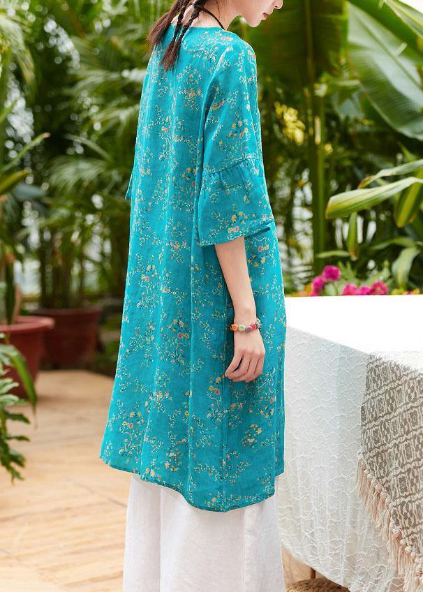 Natural Blue Print Linen Clothes O Neck Flare Sleeve Midi Summer Dress