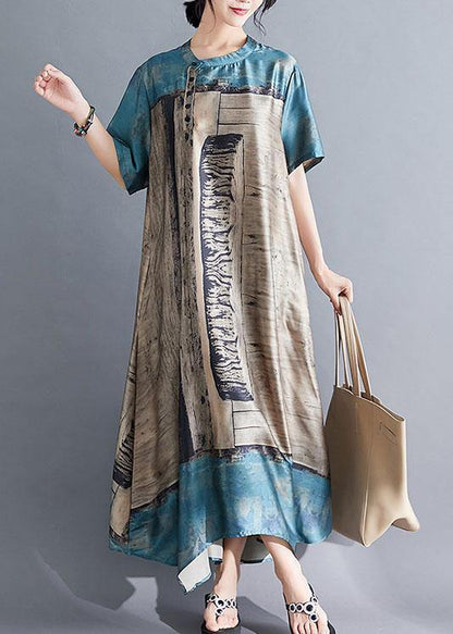 Natural Blue Prints Chiffon Tunic Top Stand Collar Dresses Summer Dress