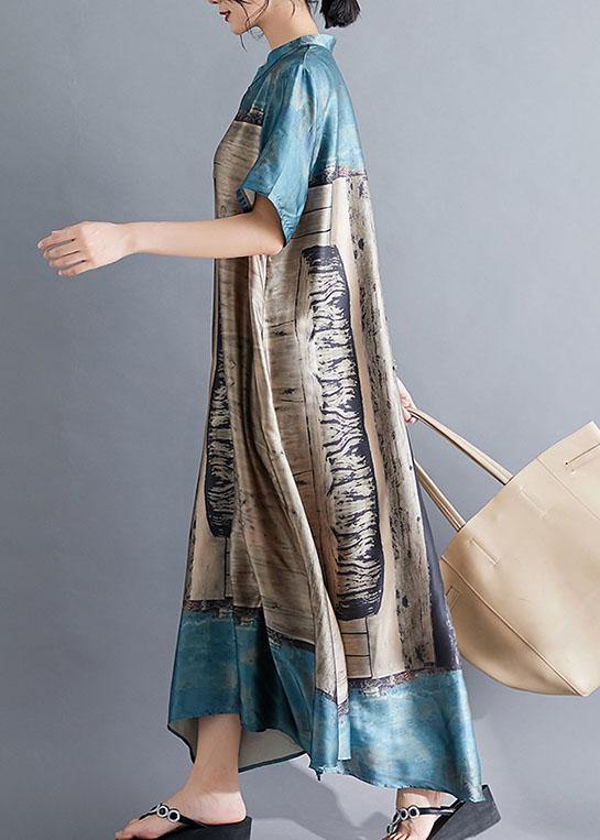 Natural Blue Prints Chiffon Tunic Top Stand Collar Dresses Summer Dress
