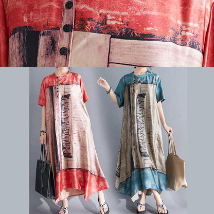 Natural Blue Prints Chiffon Tunic Top Stand Collar Dresses Summer Dress