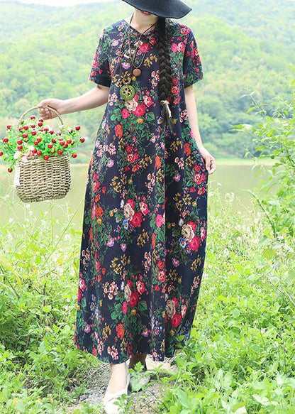 Natural Blue Prints Linen Dresses Chinese Button Robe Summer Dress