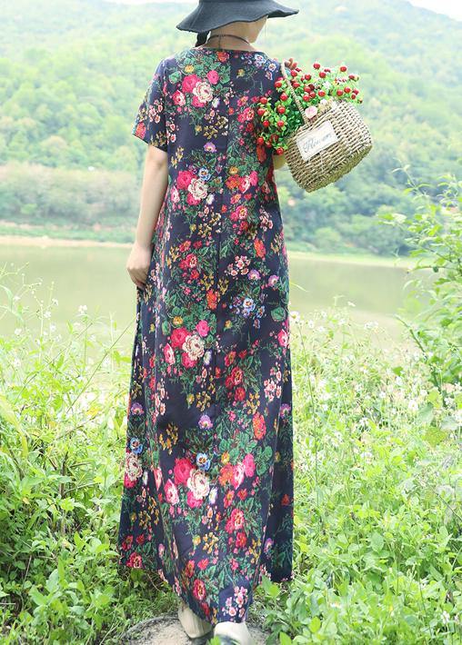 Natural Blue Prints Linen Dresses Chinese Button Robe Summer Dress