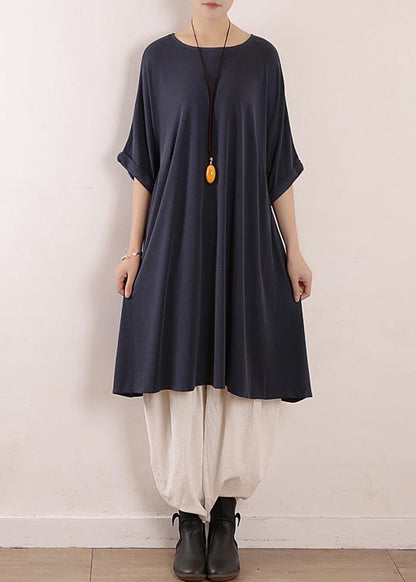 Natural Blue Short Sleeve Silk Tunics O Neck Art Dress