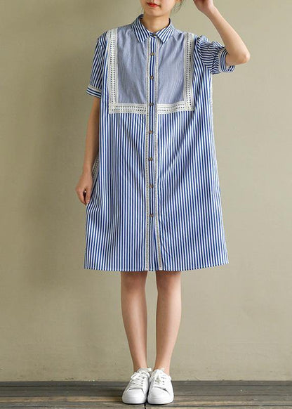 Natural Blue Striped Cotton for Lapel Lantern Sleeve Cotton Summer Dress