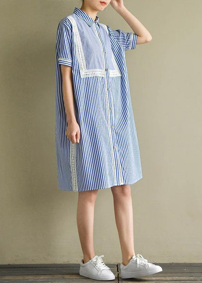Natural Blue Striped Cotton for Lapel Lantern Sleeve Cotton Summer Dress