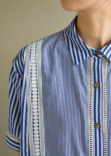 Natural Blue Striped Cotton for Lapel Lantern Sleeve Cotton Summer Dress