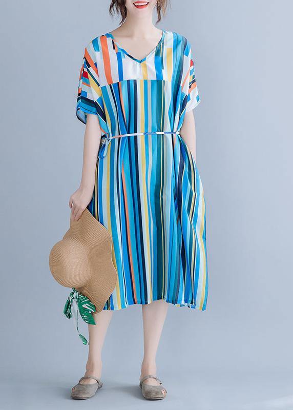 Natural Blue Striped Chiffon Dress Long Online Shopping V Neck Patchwork Summer Dress