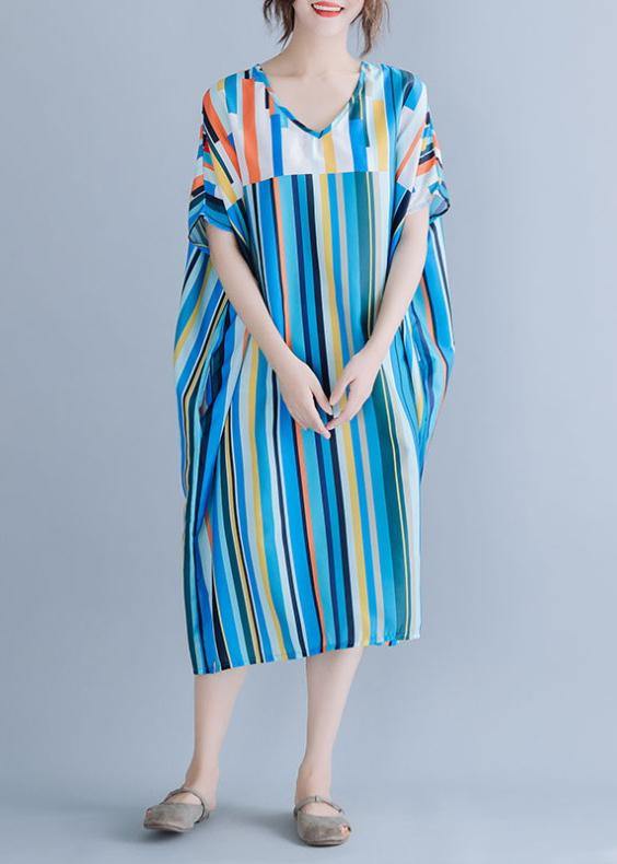 Natural Blue Striped Chiffon Dress Long Online Shopping V Neck Patchwork Summer Dress