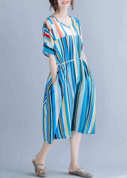 Natural Blue Striped Chiffon Dress Long Online Shopping V Neck Patchwork Summer Dress