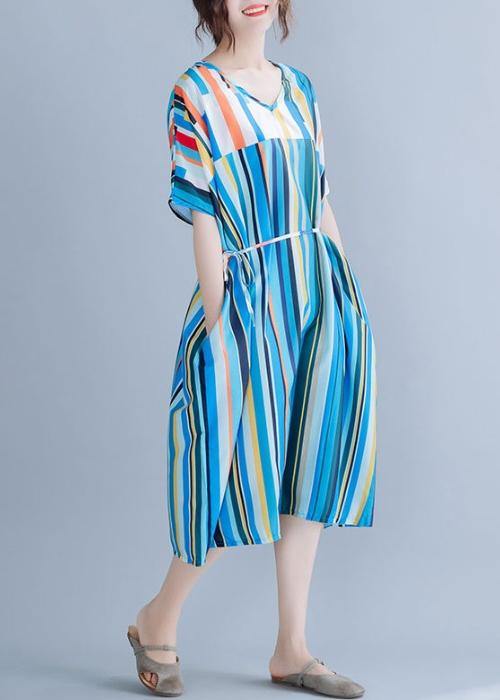 Natural Blue Striped Chiffon Dress Long Online Shopping V Neck Patchwork Summer Dress