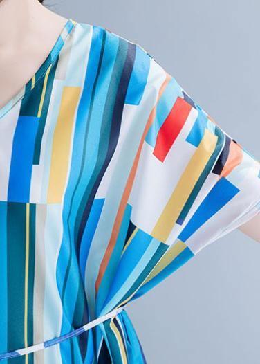 Natural Blue Striped Chiffon Dress Long Online Shopping V Neck Patchwork Summer Dress