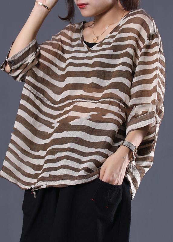 Natural Brown Striped V Neck Cotton Long Shirts Drawstring Hem Baggy Summer Blouses