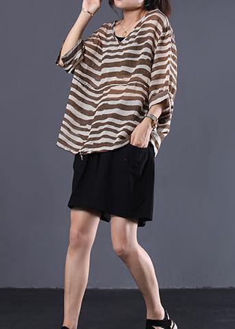 Natural Brown Striped V Neck Cotton Long Shirts Drawstring Hem Baggy Summer Blouses