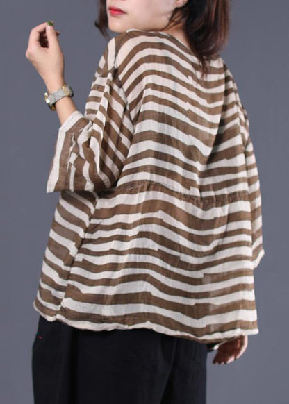 Natural Brown Striped V Neck Cotton Long Shirts Drawstring Hem Baggy Summer Blouses