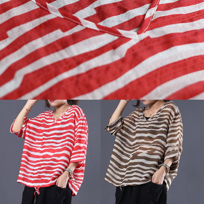Natural Brown Striped V Neck Cotton Long Shirts Drawstring Hem Baggy Summer Blouses