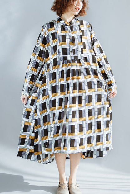 Natural Chocolate Cotton Clothes Fine Runway Stand Collar Extra Large Hem Summer Dresses