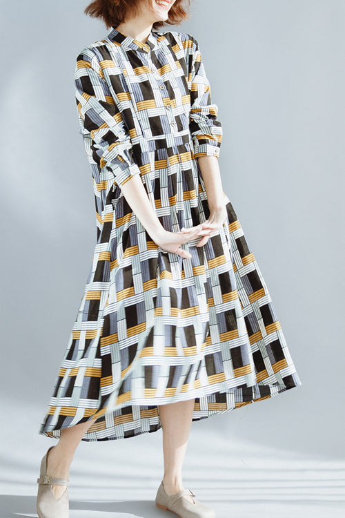 Natural Chocolate Cotton Clothes Fine Runway Stand Collar Extra Large Hem Summer Dresses