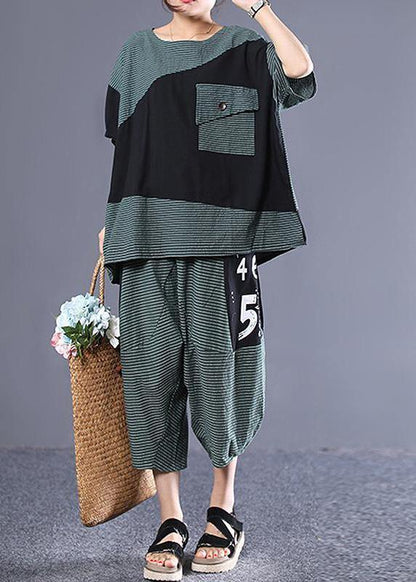 Natural Cotton Blouse Organic Striped Spliced Short Sleeve Blouse and Pants