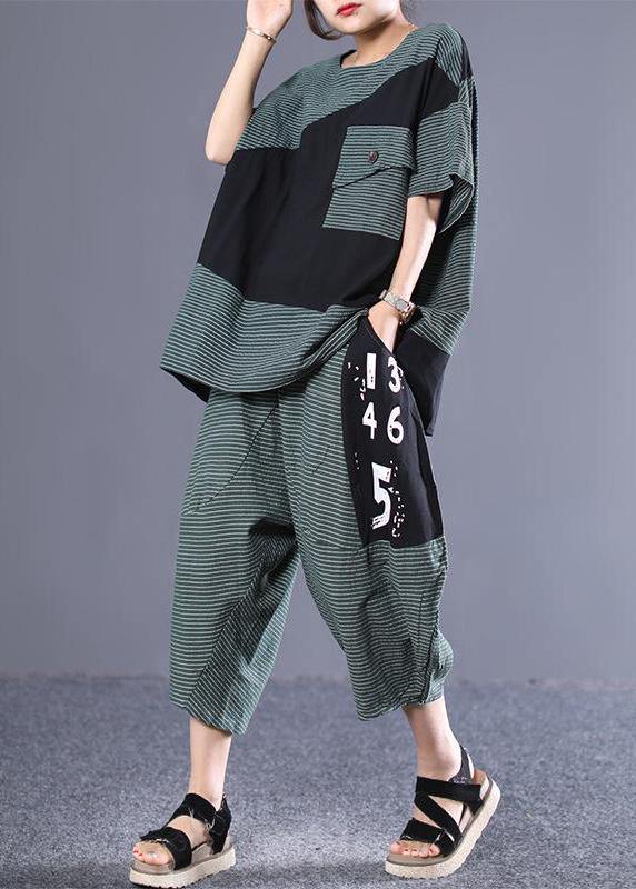Natural Cotton Blouse Organic Striped Spliced Short Sleeve Blouse and Pants