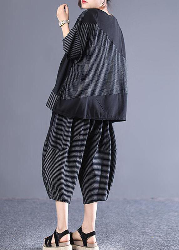 Natural Cotton Blouse Organic Striped Spliced Short Sleeve Blouse and Pants