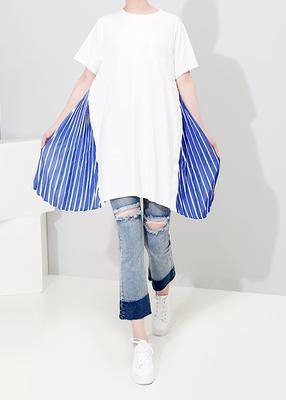 Natural Cotton Tunic Top Cotton Spliced Striped Short Sleeve Blouse