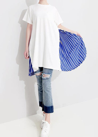 Natural Cotton Tunic Top Cotton Spliced Striped Short Sleeve Blouse