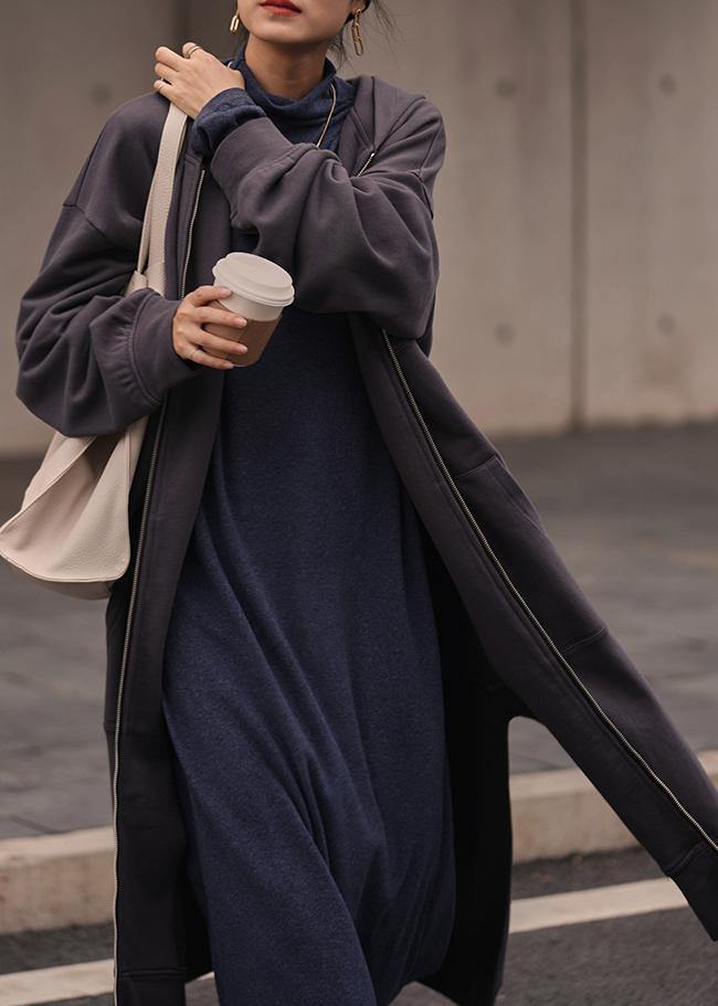 Natural Dark Gray Tunic Coat Hooded Side Open Coats