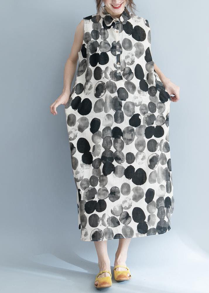 Natural Dotted Prints Chiffon Clothes Lapel Collar Sleeveless Loose Summer Dresses