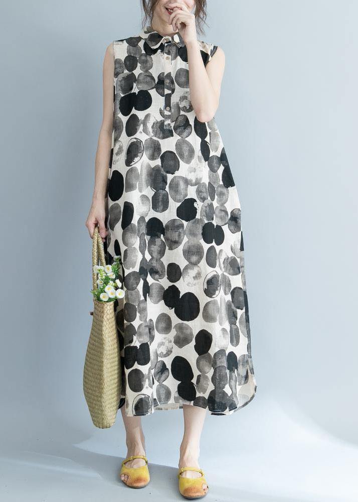 Natural Dotted Prints Chiffon Clothes Lapel Collar Sleeveless Loose Summer Dresses