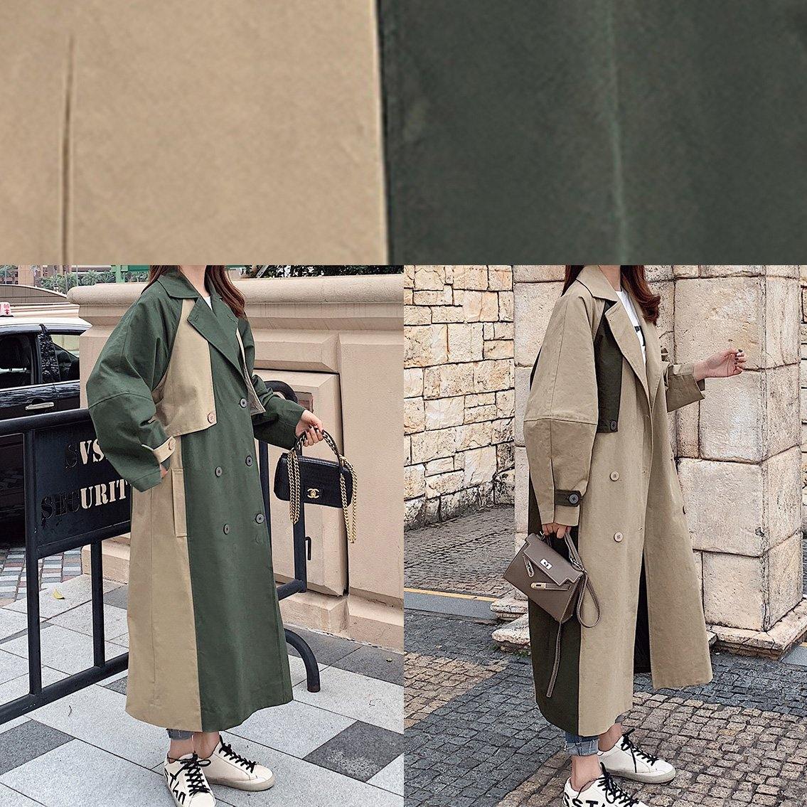 Natural Double Breast Fine Patchwork Long Coats Khaki Oversized Coats