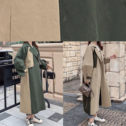 Natural Double Breast Fine Patchwork Long Coats Khaki Oversized Coats