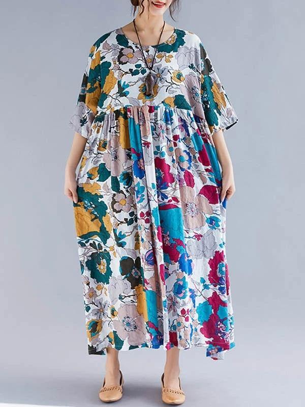 Natural Cotton Clothes O Neck Cinched Maxi Dress