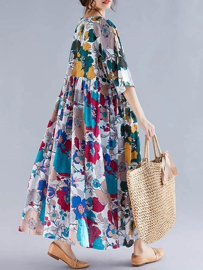 Natural Cotton Clothes O Neck Cinched Maxi Dress